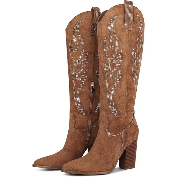 Women Suede Brown Rhinestones Embroidered Side Zip  Pointed Toe Knee High Boots - Picture 1 of 8